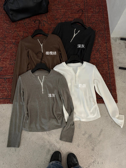 B210 / 拼接lace邊V領側褶褶長袖正肩TEE