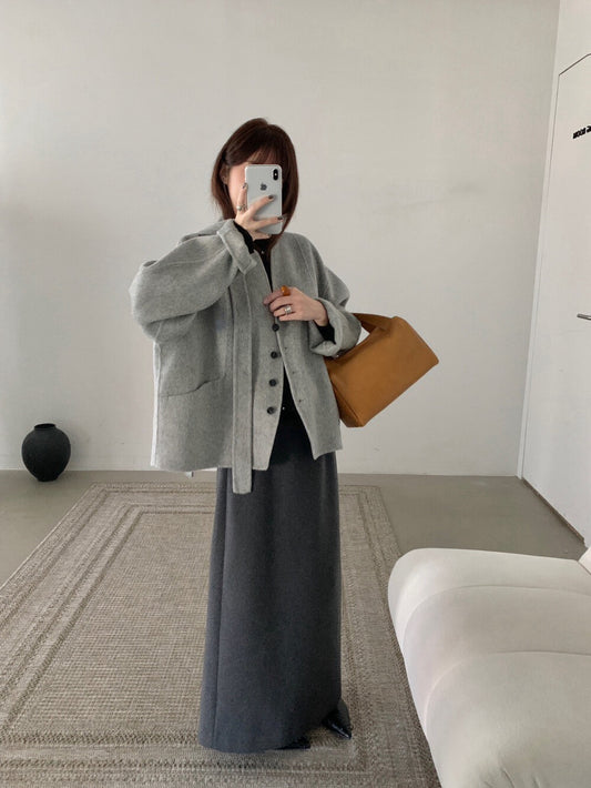 // 100%雙面羊毛handmade小V領連領帶外套