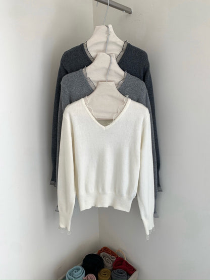 // 5%羊毛拼接lace+釘珠V領NT