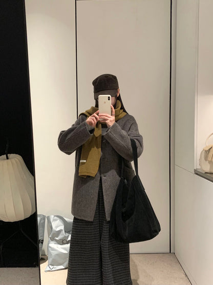 // 90%羊毛+10%羊駝毛小立領斜口袋手工外套