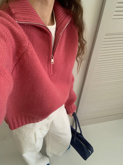 // 半拉鍊直坑紋領套頭NT