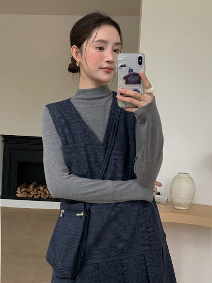 // V領百褶腳背心OPS+高領彈性打底兩件套(連袋仔)