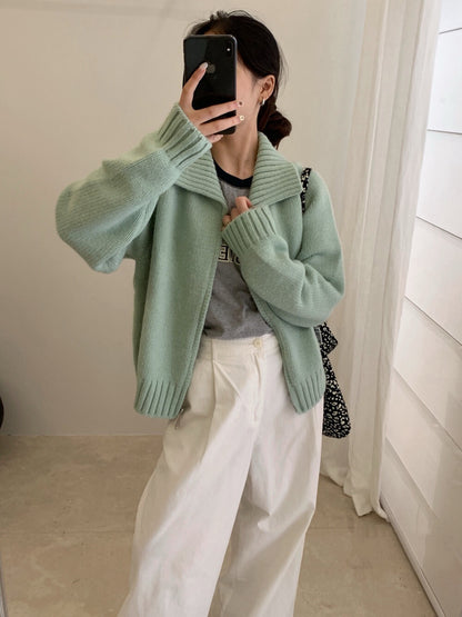 // 直坑紋大翻領上下拉鍊落肩CD