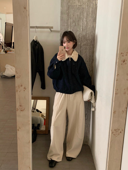 // 復古感翻領羊羔毛牛仔棉外套