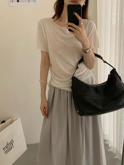 // 設計感兩邊荷葉邊碎花薄針織上衣