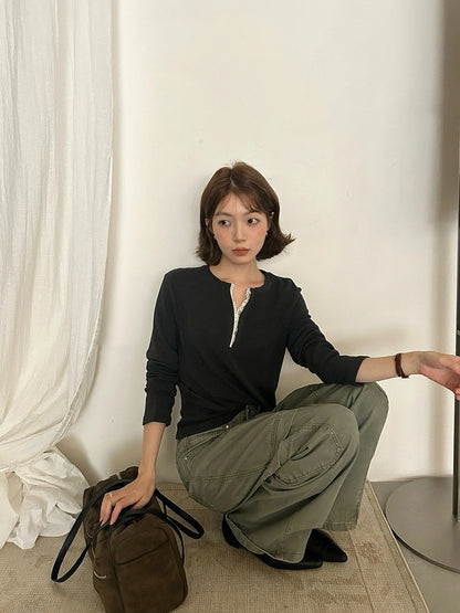 B210 / 拼接lace邊V領側褶褶長袖正肩TEE