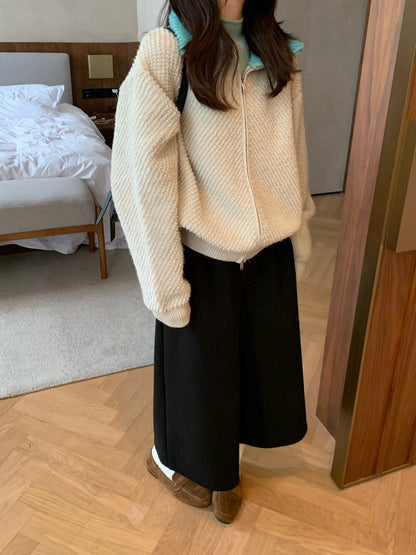 // 撞色翻領圈圈毛感拉鍊CD