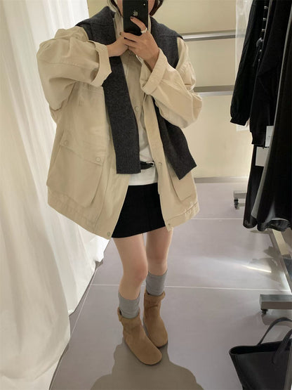 // 小立領口袋中長工裝洗水棉外套