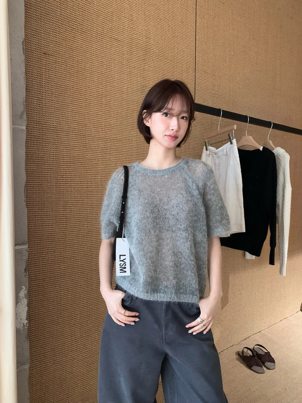 B99 / 插肩寬鬆款馬海毛短袖針織上衣(30%馬海毛30%羊毛)