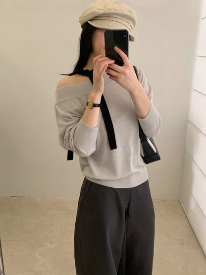🥟 高質天絲麻斜肩薄針織上衣