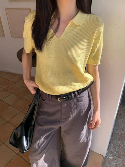 🕊️ 彩點小V翻領短袖針織上衣