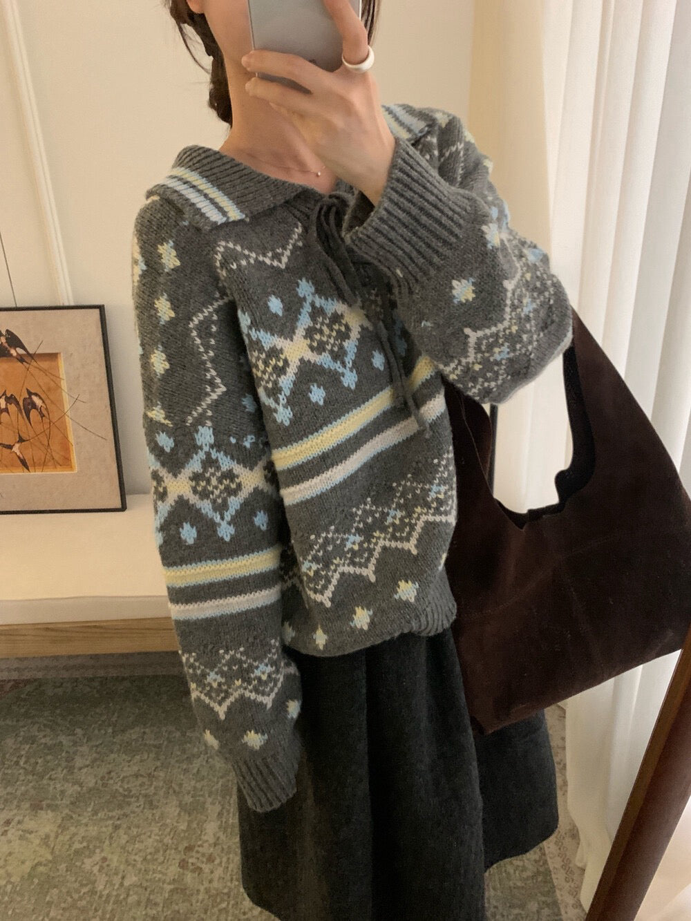 // 60%綿羊毛復古花紋綁帶翻領毛衣