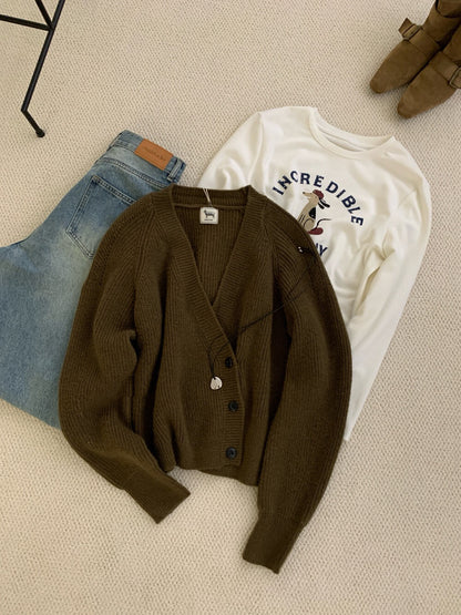 // 設計感交叉側鈕扣深V毛衣