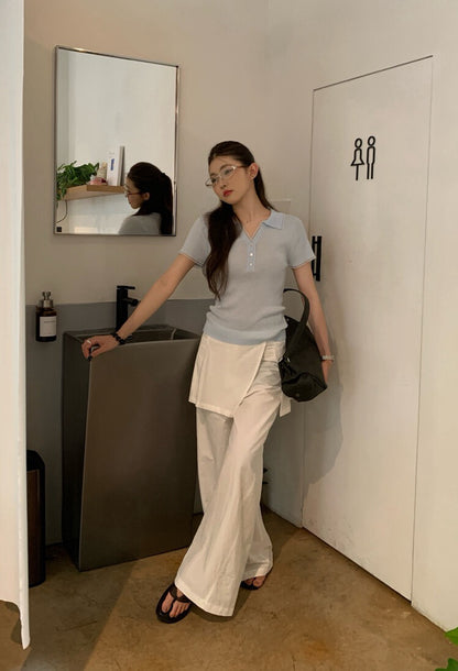 // 拼接lace邊小V翻領直紋NT