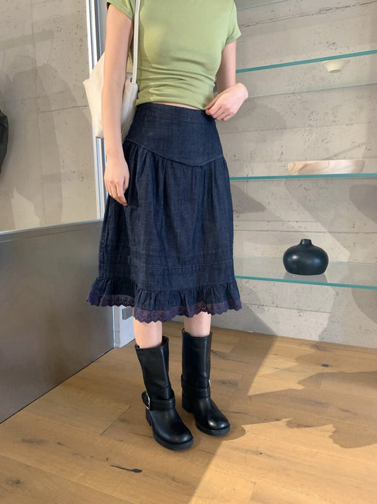 🛌 精緻拼刺繡鏤空花邊牛仔五分裙