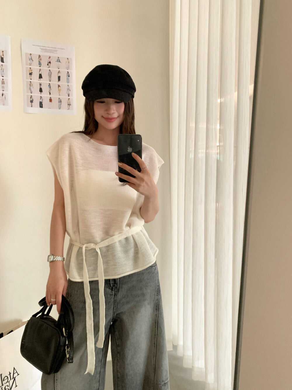 // 高級感飛飛袖綁腰針織上衣