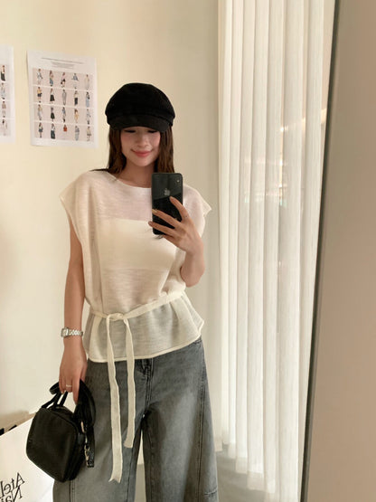 // 高級感飛飛袖綁腰針織上衣
