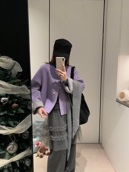 // 100%羊毛馬卡龍色系圓領短款手工外套(連三角巾)