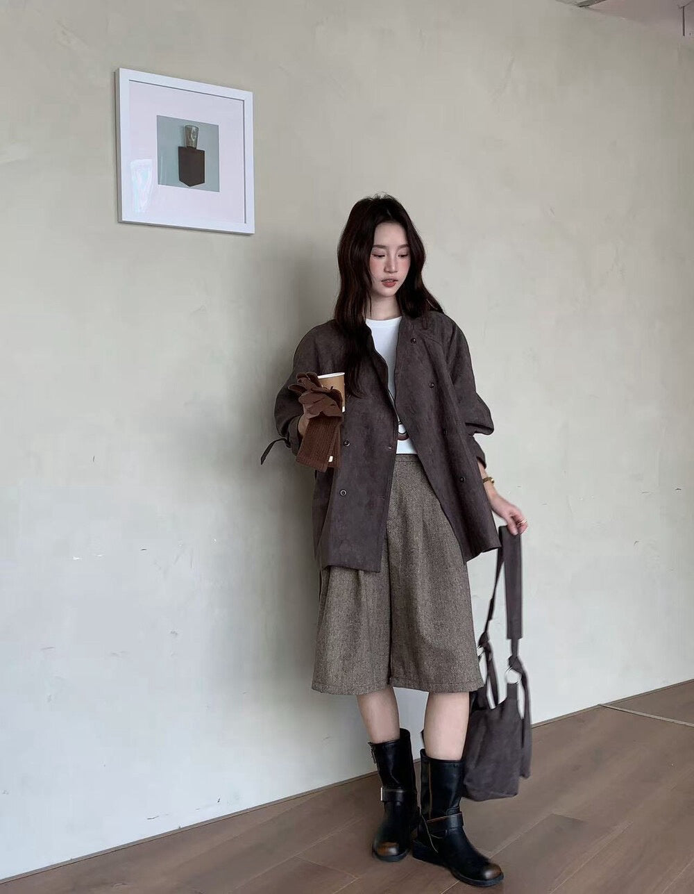 // 小立領雙排扣麂皮絨外套