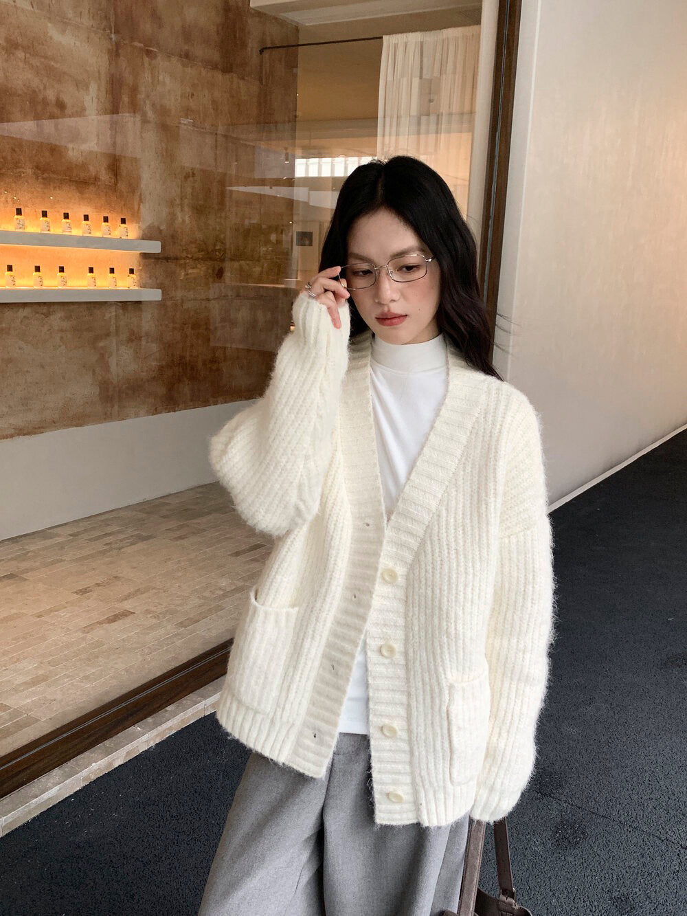 // 8%wool深v粗織邊口袋中長CD