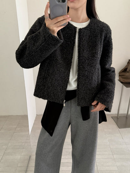// 圓領圈圈絨簡約拉鏈外套