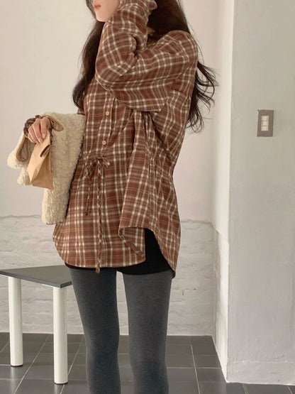 // 木耳邊可綁腰格紋BL