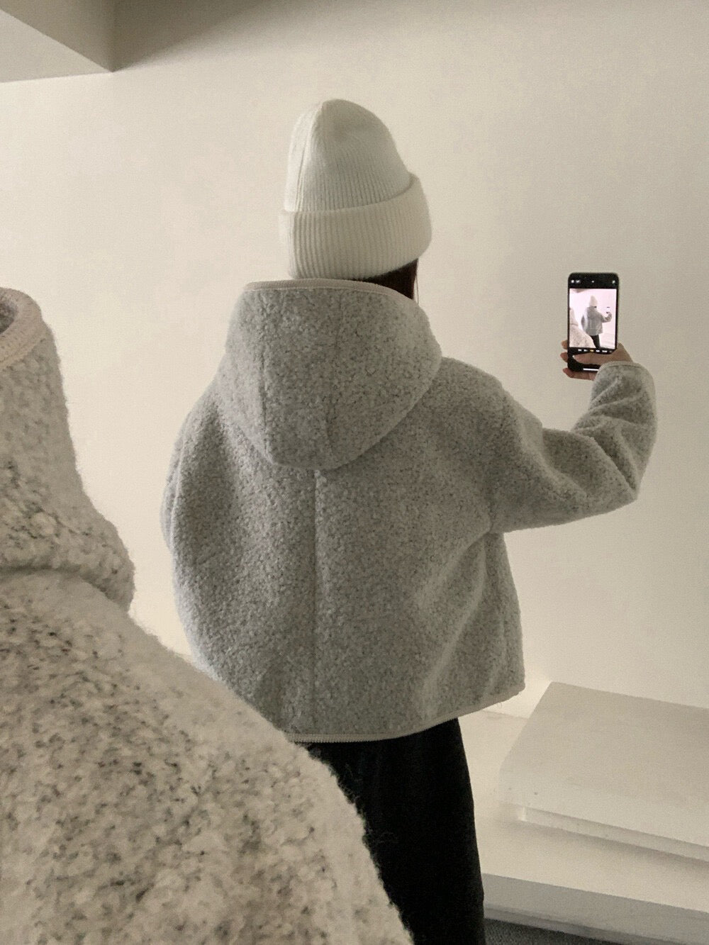 //65%羊毛特別鈕扣羊羔毛連帽外套