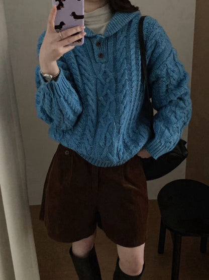 // 30%羊毛紋理感麻花鈕扣翻領毛衣