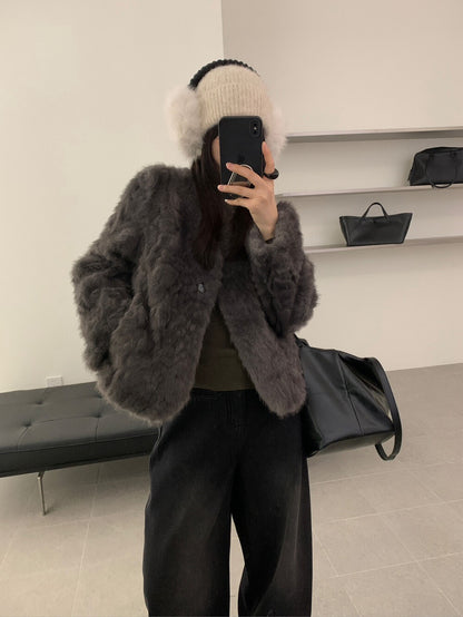 // 高級感皮毛一體V領毛毛外套