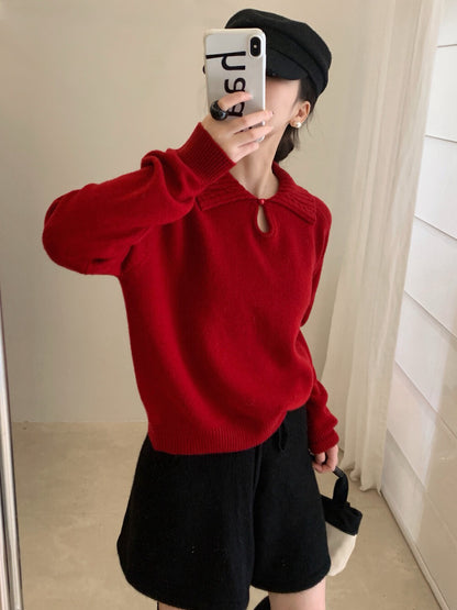 // 100%綿羊毛小鈕扣鏤空翻領NT