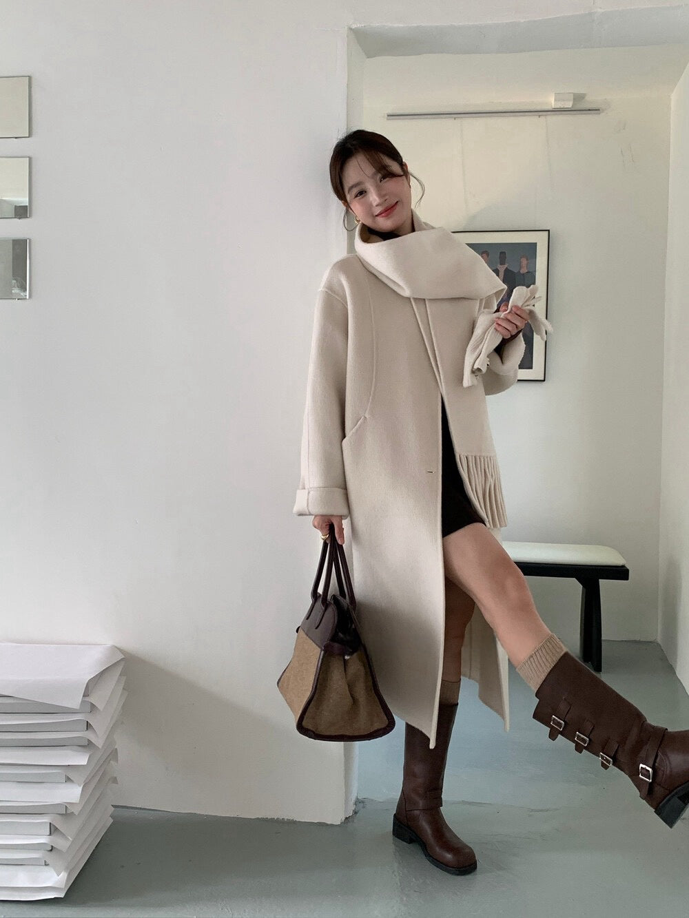 // 100%wool簡約圓領手工雙面長外套(連頸巾)