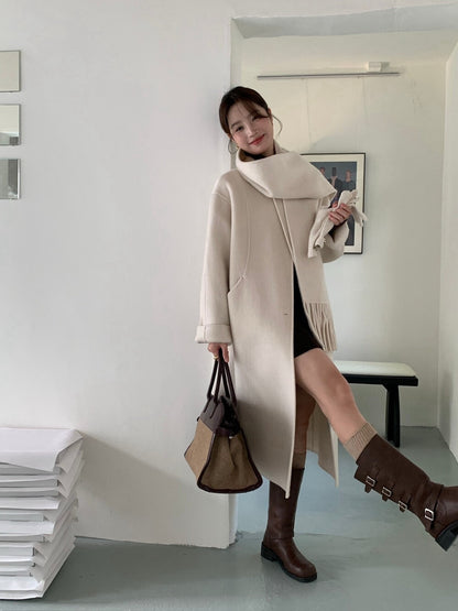 // 100%wool簡約圓領手工雙面長外套(連頸巾)