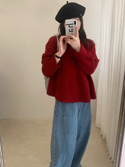 // 法式甜美直坑紋衣擺半鈕扣毛衣