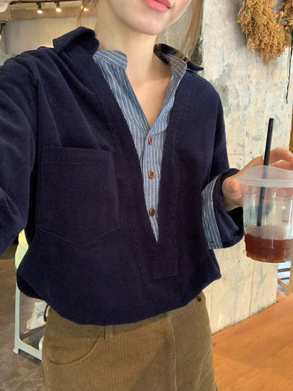 // 假兩件口袋拼接恤衫燈芯絨上衣