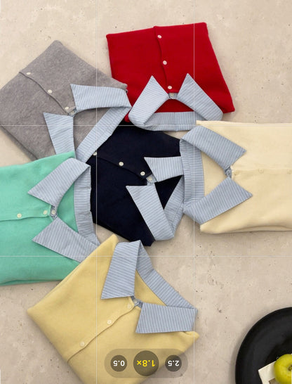 // 拼接間條恤衫領假兩件針織上衣