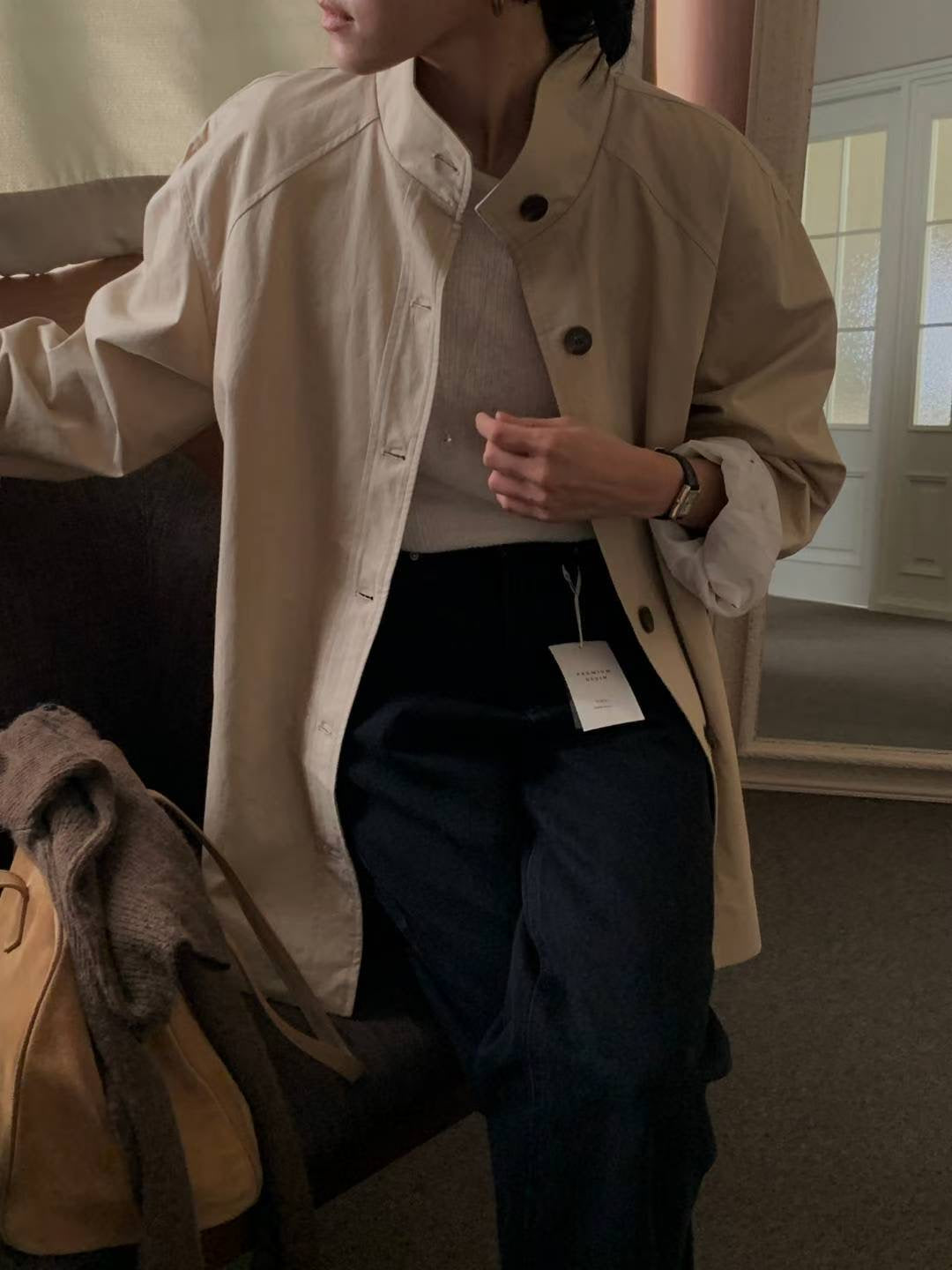 // 高品質立領中長trench coat