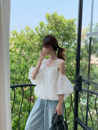 // 紗質泡泡一字領吊帶BL(不含內搭背心)
