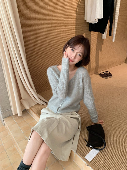 C84 / 超美鏤空織紋V領針織外套(33%羊毛)