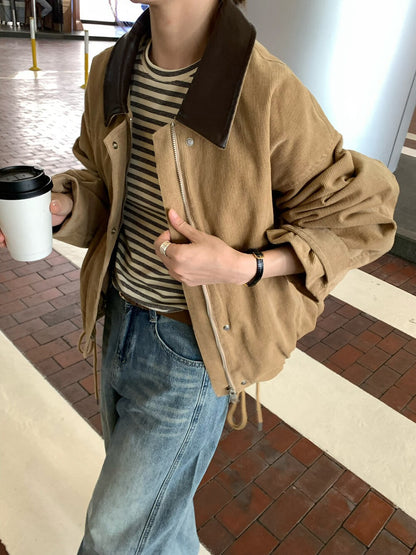 // 帥氣拼皮領燈芯絨可束腳拉鍊外套