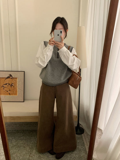 // 柔軟撞色邊拼恤衫袖假兩件上衣