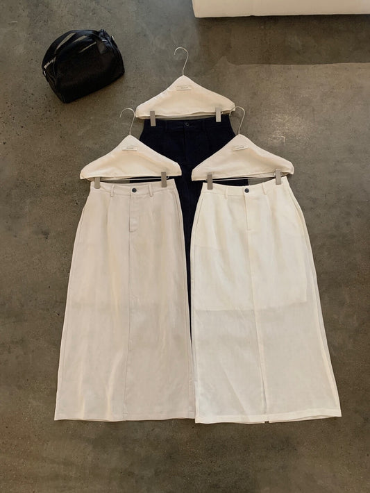 // 高質天絲麻直筒中長半裙