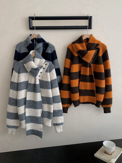 // 連可拆頸巾粗間條鈕扣V領毛衣