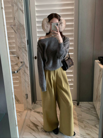 // 50%alpaca鈕扣設計斜領露肩NT