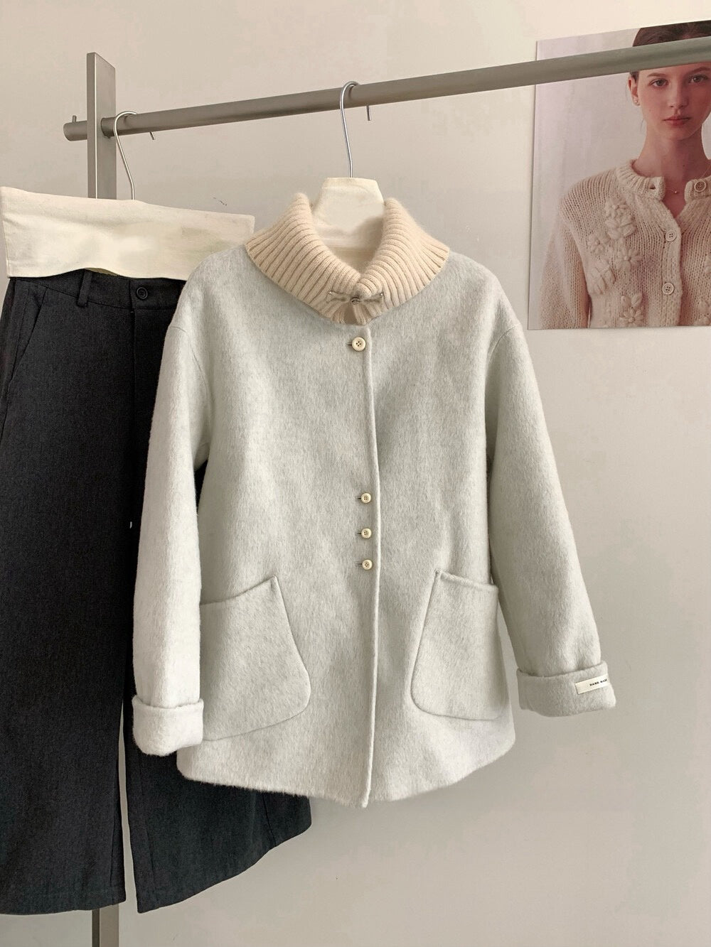 // 100%羊毛拼針織領雙面手工外套