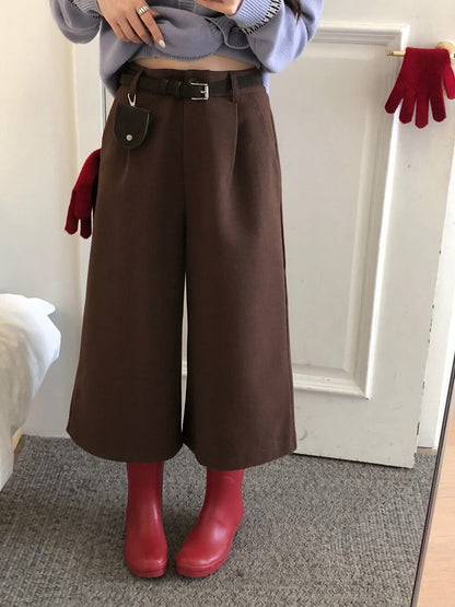 // 帥氣八分毛呢料加絨褲(連小腰包+腰帶)