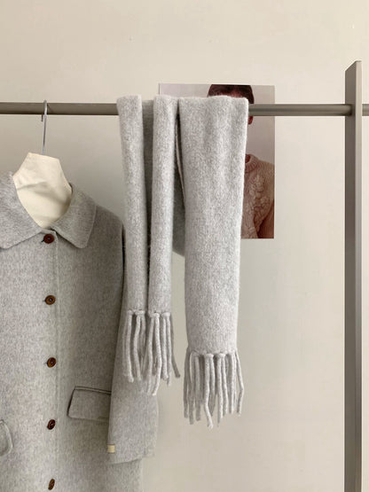 // 經典翻領口袋中長100%羊毛手工雙面外套(連頸巾)￼