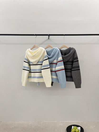 // 復古撞色間條連帽針織CD