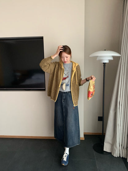 // 拼色連帽細間條拉鍊CD