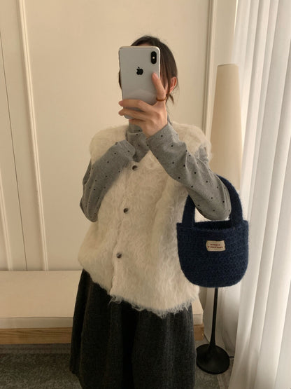 // 12%羊毛茸毛感V領排扣背心