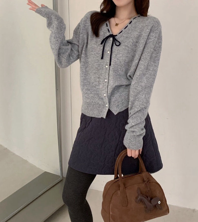 // 100%羊毛縫線蝴蝶結領口開胸NT